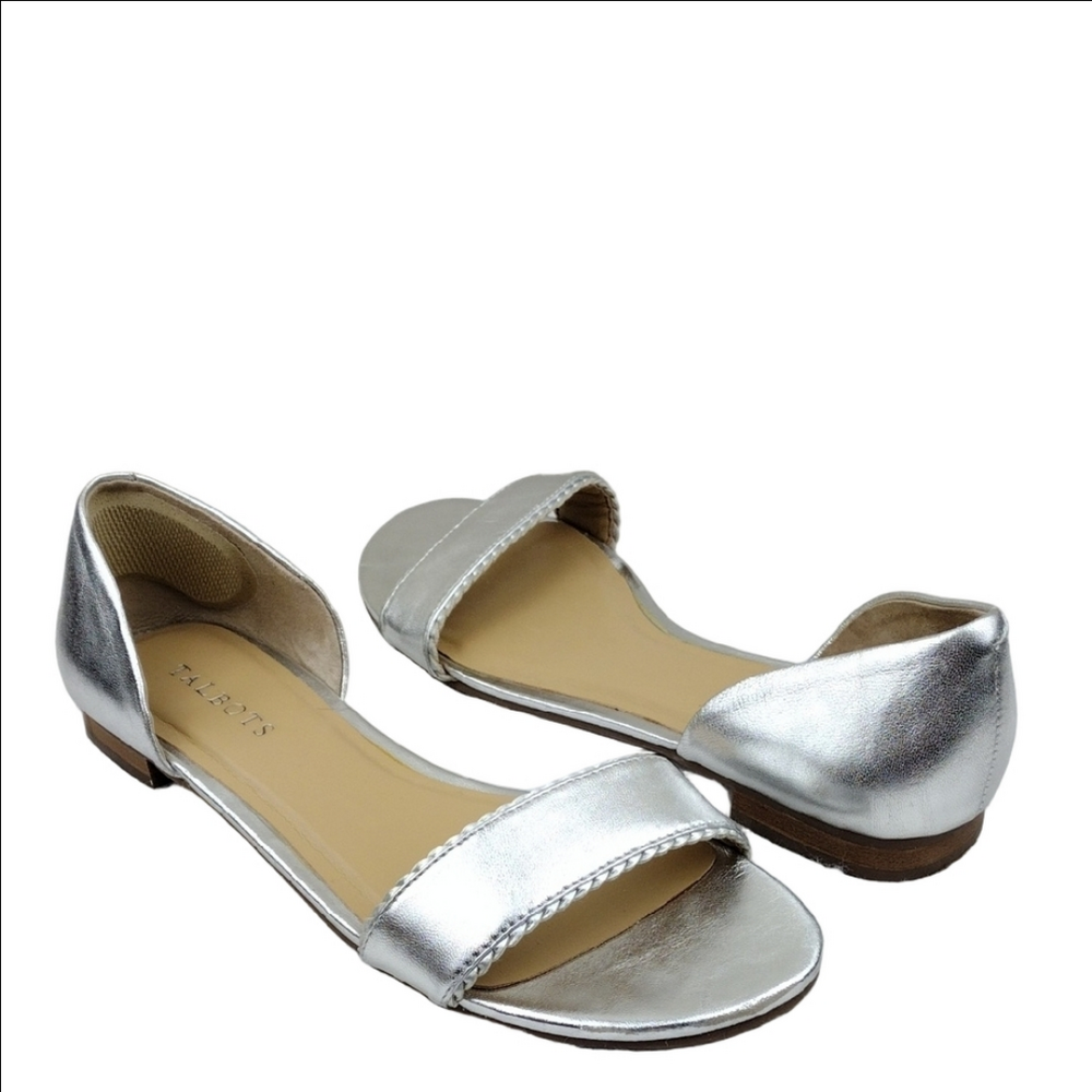 Talbots Silver Metallic Leather Upper Single Strap Round Open Toe Slip On Sandal